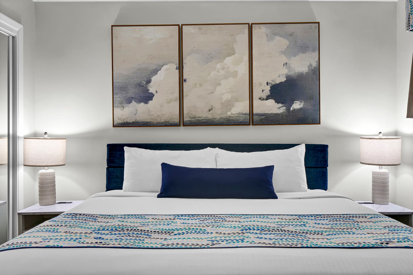King sized bed with usb and usb c ports at each touch lamp.