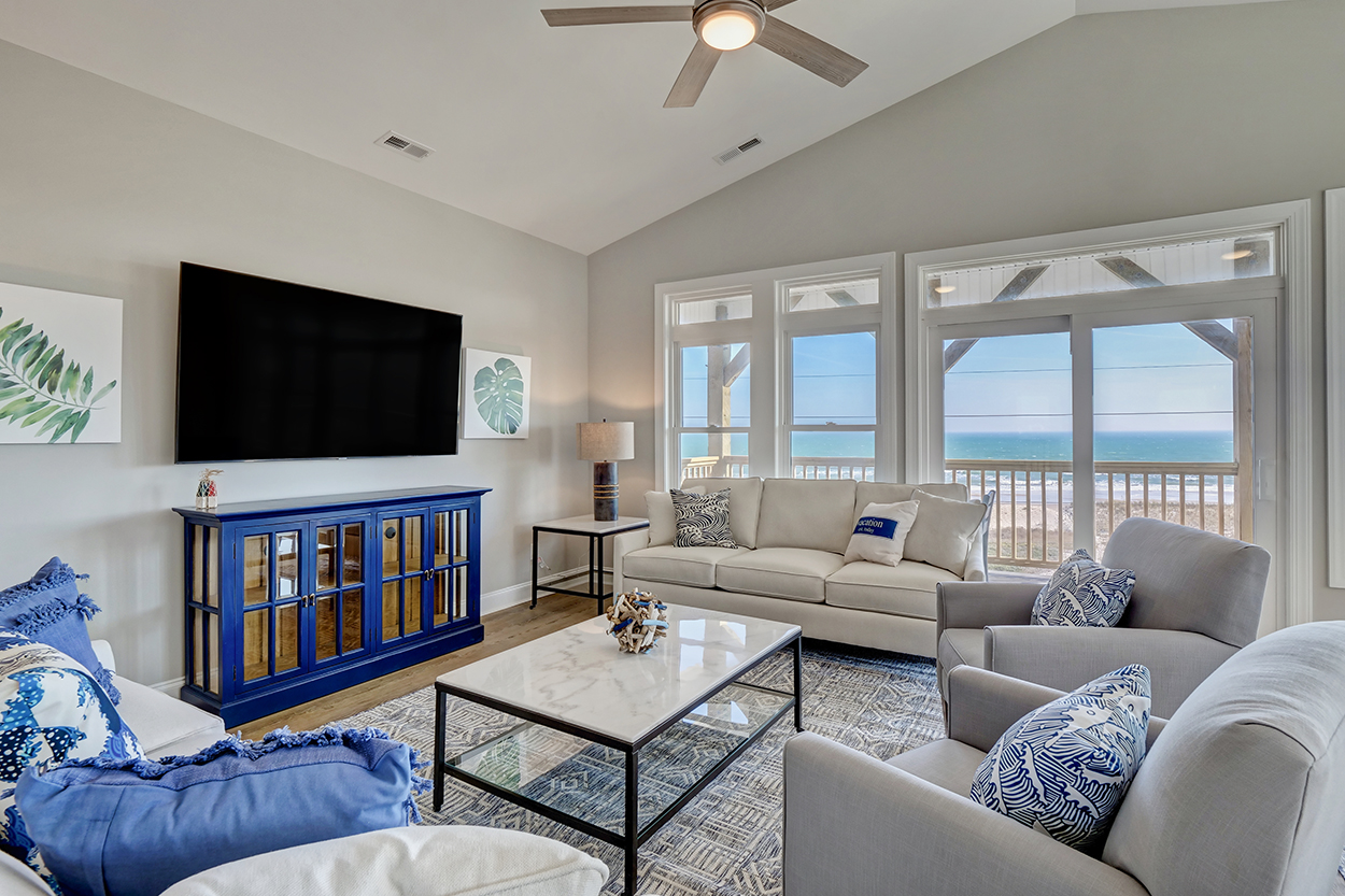 Oceanfront living room of a Sea Scape managed vacation home