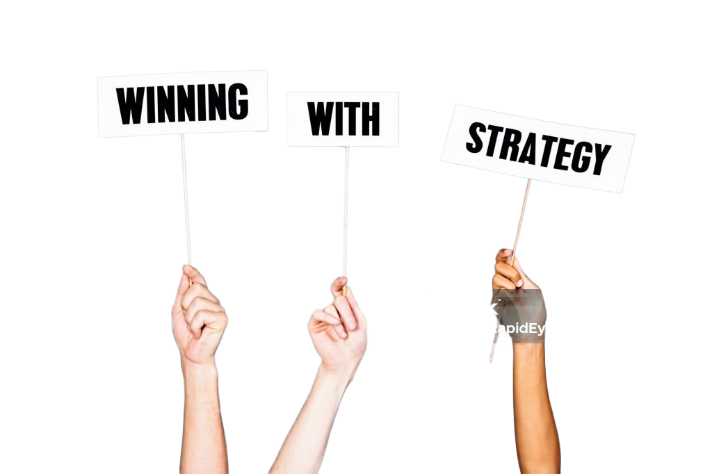Hands raising signs reading winning with strategy